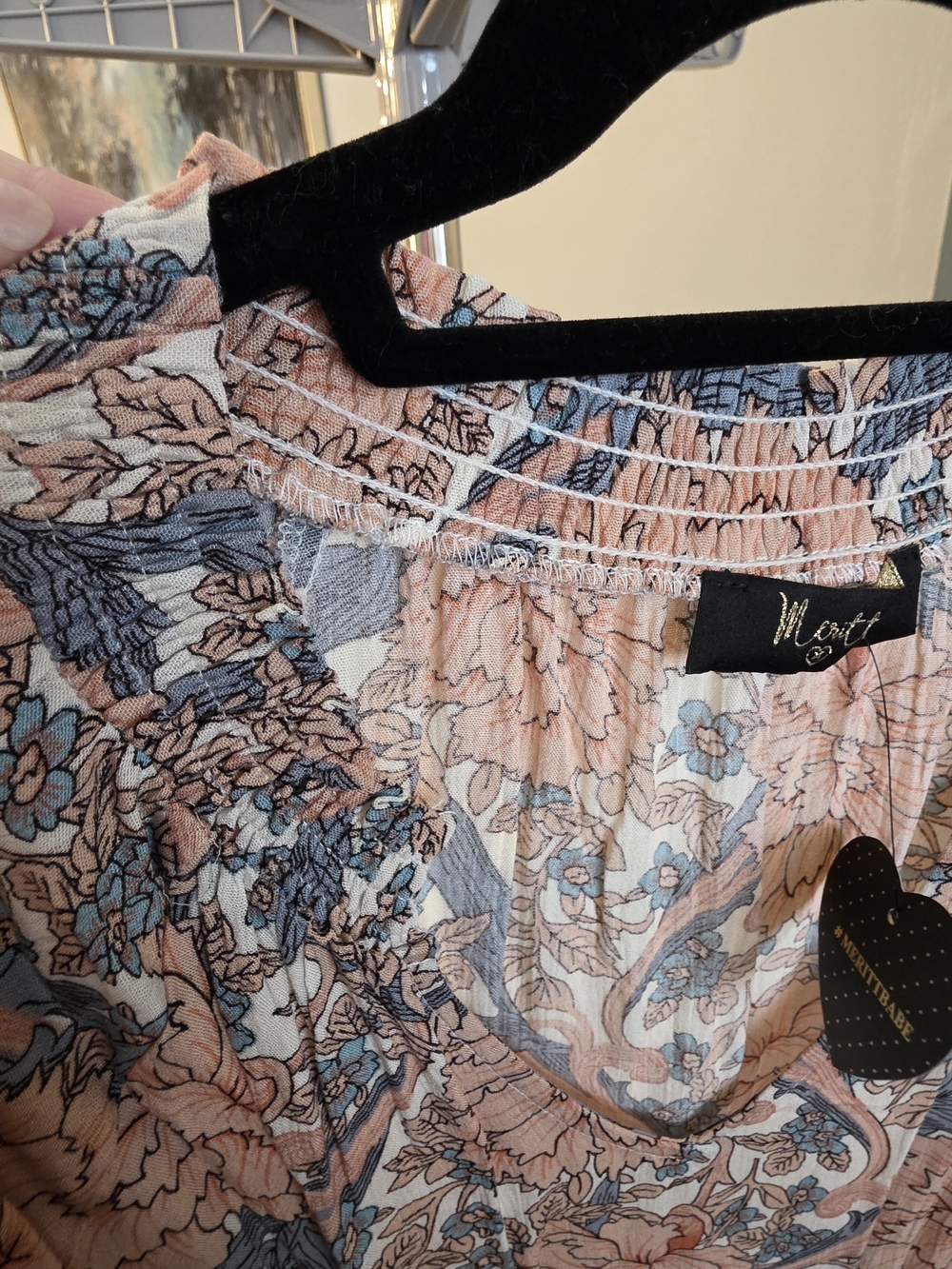 Meritt Floral V-Neck Peasant Blouse - Peach & Blue - Picture 9 of 16
